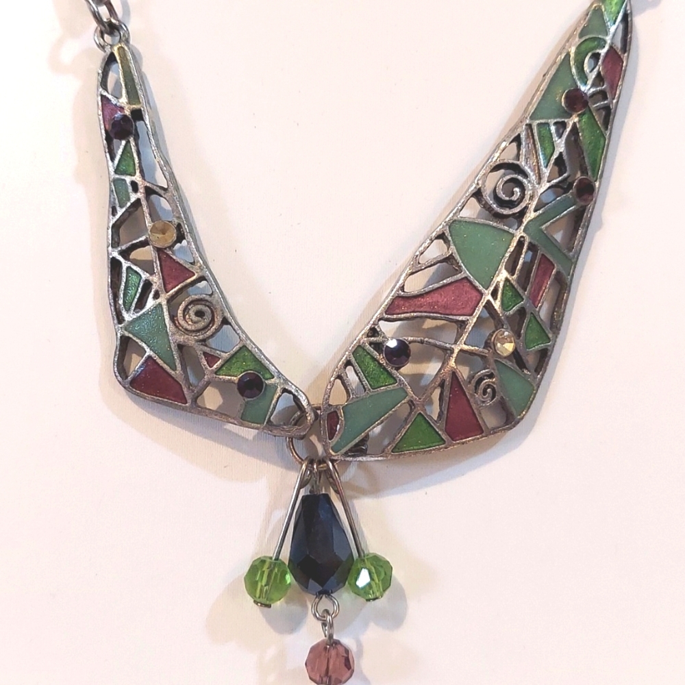 SA Necklace Mosaic Beads Paperclip Silvertone Chain‎ - Picture 3 of 5